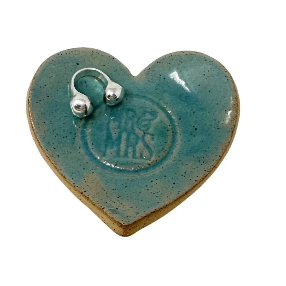 Mr & Mrs Ceramic Pottery Heart Shaped Ring‎ Dish Handmade